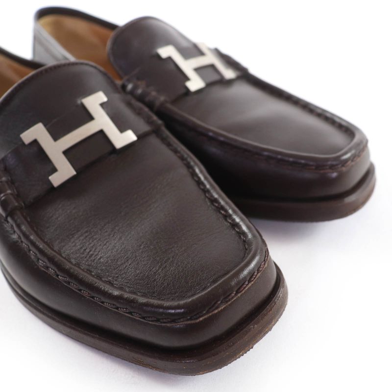 Hermes Moccasins Paris Silver Hardware Constance Leather Loafers Dark Brown