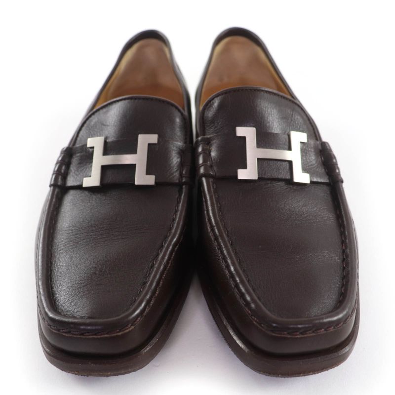Hermes Moccasins Paris Silver Hardware Constance Leather Loafers Dark Brown