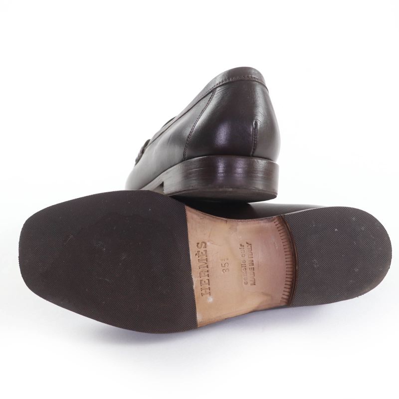 Hermes Moccasins Paris Silver Hardware Constance Leather Loafers Dark Brown