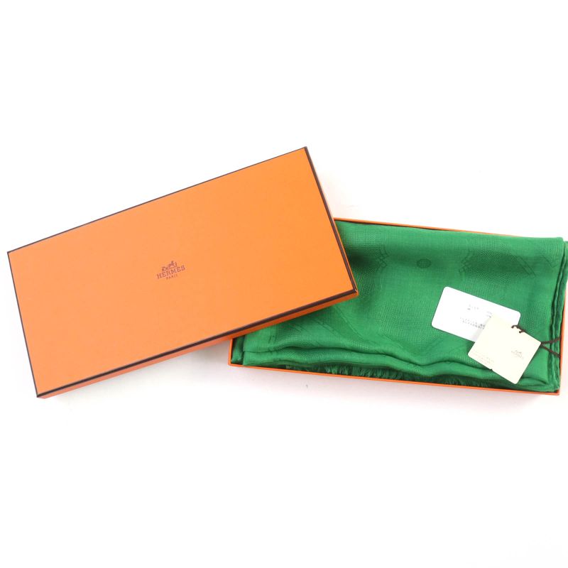 Hermes Sellier Cashmere Silk Fringe Large Shawl Scarf Green With Box Made In