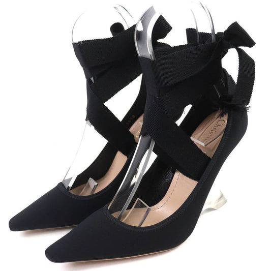 Christian DIOR Etoile Grosgrain Ribbon Logo Wedge Sole Clear Heel Pumps Black