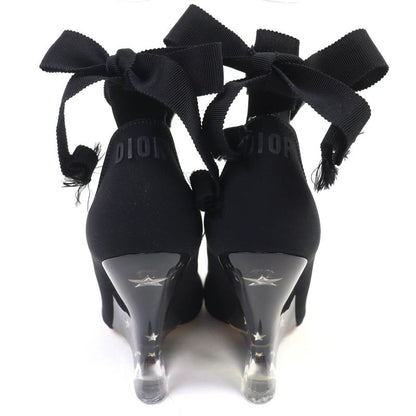 Christian DIOR Etoile Grosgrain Ribbon Logo Wedge Sole Clear Heel Pumps Black