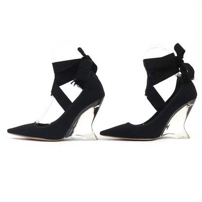 Christian DIOR Etoile Grosgrain Ribbon Logo Wedge Sole Clear Heel Pumps Black