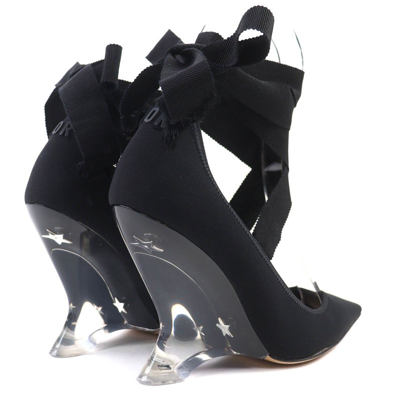 Christian DIOR Etoile Grosgrain Ribbon Logo Wedge Sole Clear Heel Pumps Black