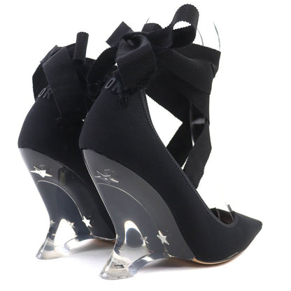 Christian DIOR Etoile Grosgrain Ribbon Logo Wedge Sole Clear Heel Pumps Black