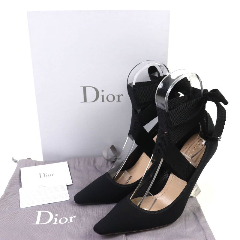 Christian DIOR Etoile Grosgrain Ribbon Logo Wedge Sole Clear Heel Pumps Black