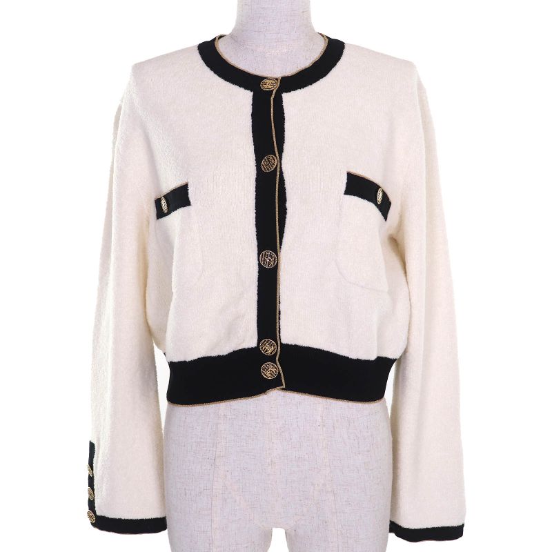 CHANEL P60477 Coco Mark Button Cotton Pile Knit Cardigan White Black Gold 40