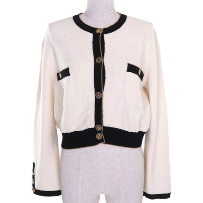 CHANEL P60477 Coco Mark Button Cotton Pile Knit Cardigan White Black Gold 40