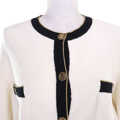 CHANEL P60477 Coco Mark Button Cotton Pile Knit Cardigan White Black Gold 40