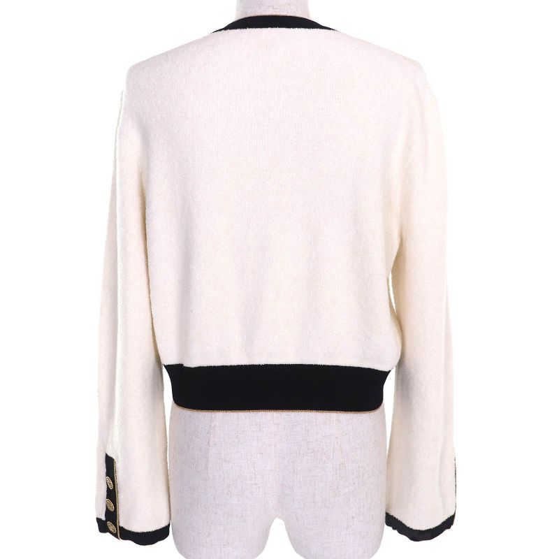 CHANEL P60477 Coco Mark Button Cotton Pile Knit Cardigan White Black Gold 40