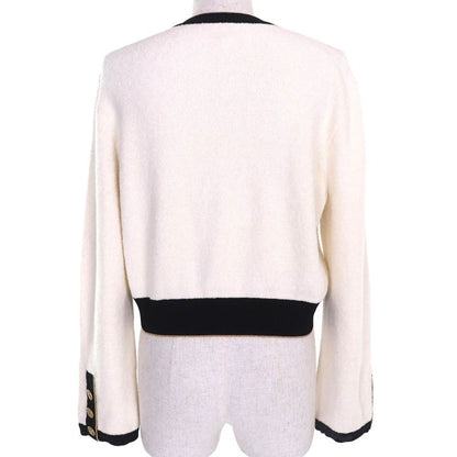 CHANEL P60477 Coco Mark Button Cotton Pile Knit Cardigan White Black Gold 40