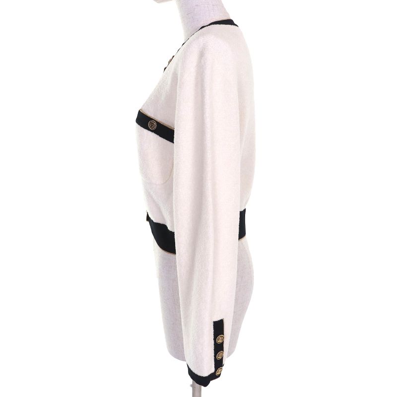 CHANEL P60477 Coco Mark Button Cotton Pile Knit Cardigan White Black Gold 40
