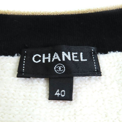 CHANEL P60477 Coco Mark Button Cotton Pile Knit Cardigan White Black Gold 40