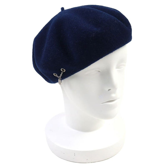Hermes Felicity 100% Wool Logo Hardware Inside Leather Use Beret Hat Navy 58