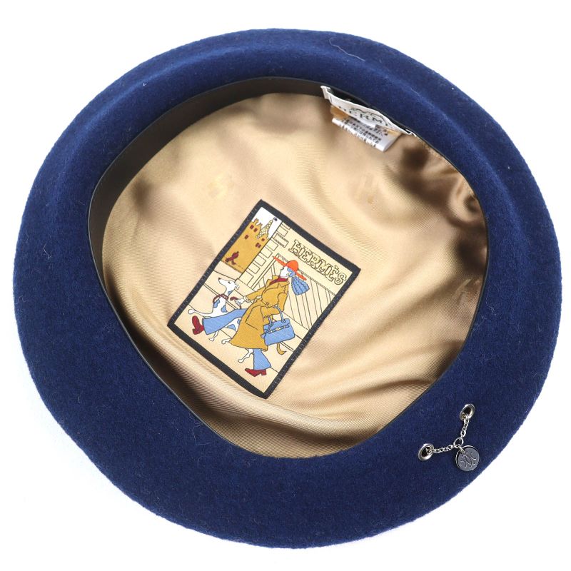 Hermes Felicity 100% Wool Logo Hardware Inside Leather Use Beret Hat Navy 58