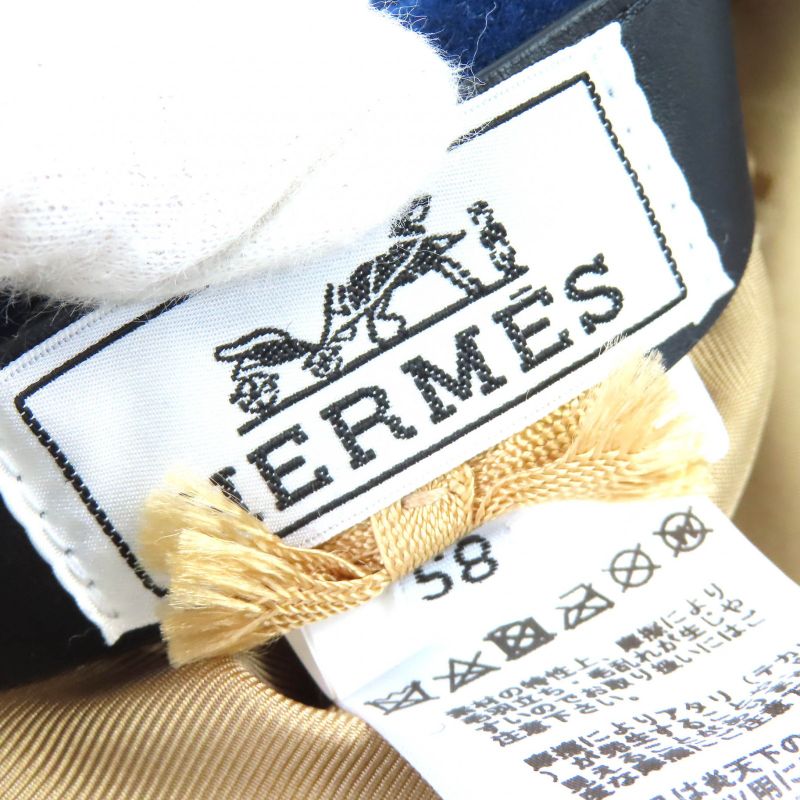 Hermes Felicity 100% Wool Logo Hardware Inside Leather Use Beret Hat Navy 58