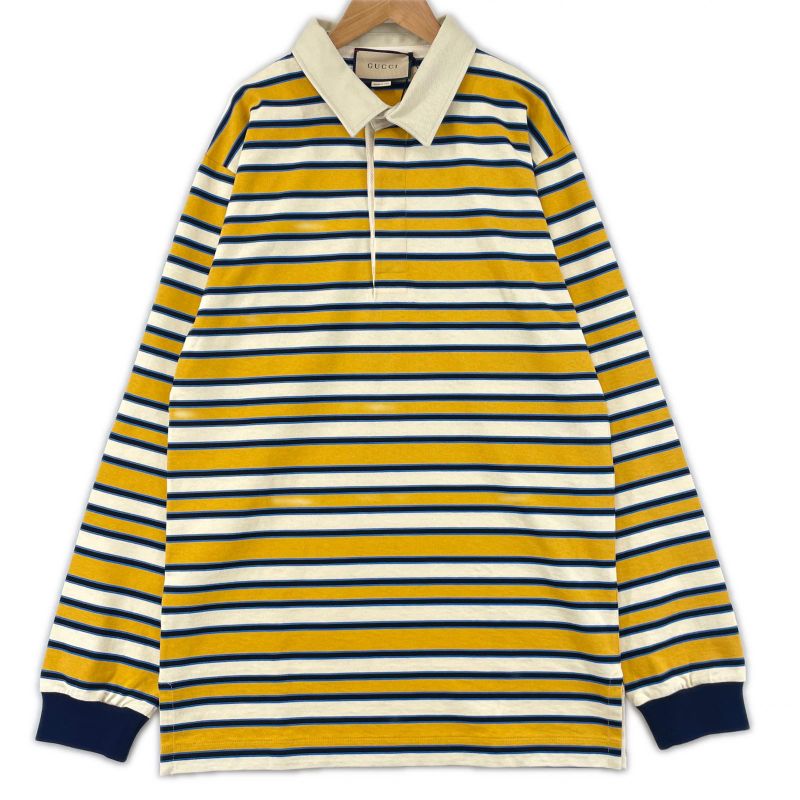 Gucci 23AW 758531 100% Cotton Striped Long Sleeve Polo Shirt With Back Logo