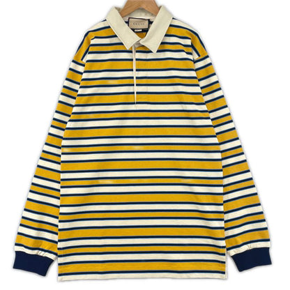 Gucci 23AW 758531 100% Cotton Striped Long Sleeve Polo Shirt With Back Logo