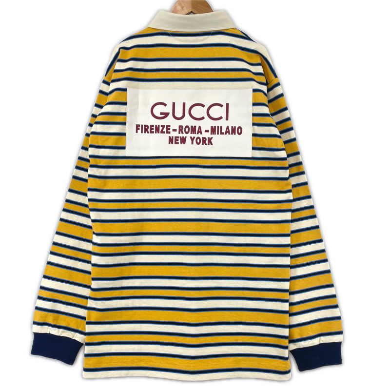 Gucci 23AW 758531 100% Cotton Striped Long Sleeve Polo Shirt With Back Logo