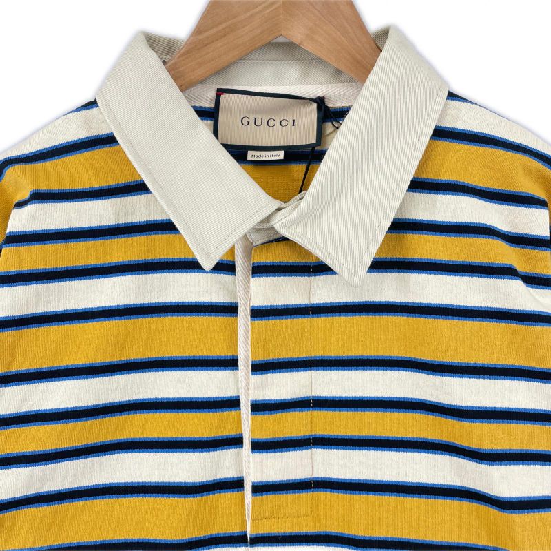 Gucci 23AW 758531 100% Cotton Striped Long Sleeve Polo Shirt With Back Logo