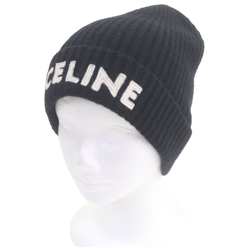 Celine 2a25r535q 100% Wool Logo Patch Beanie Knit Cap Knit Hat Black TU Made In