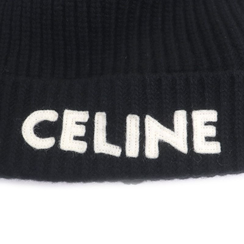 Celine 2a25r535q 100% Wool Logo Patch Beanie Knit Cap Knit Hat Black TU Made In