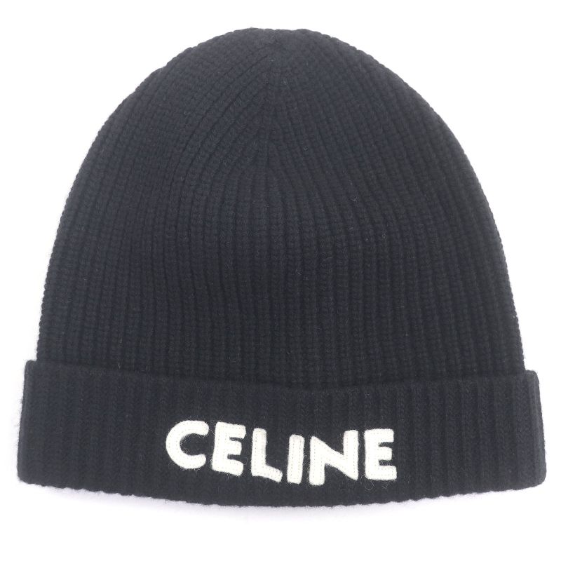 Celine 2a25r535q 100% Wool Logo Patch Beanie Knit Cap Knit Hat Black TU Made In