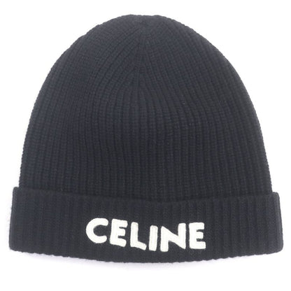 Celine 2a25r535q 100% Wool Logo Patch Beanie Knit Cap Knit Hat Black TU Made In