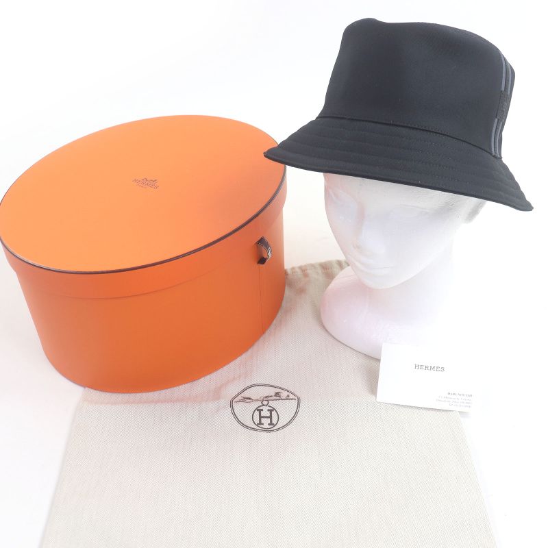 Hermes Fred H Stripe Leather Use Hat Bucket Hat Blue Nuit 58 With Box And
