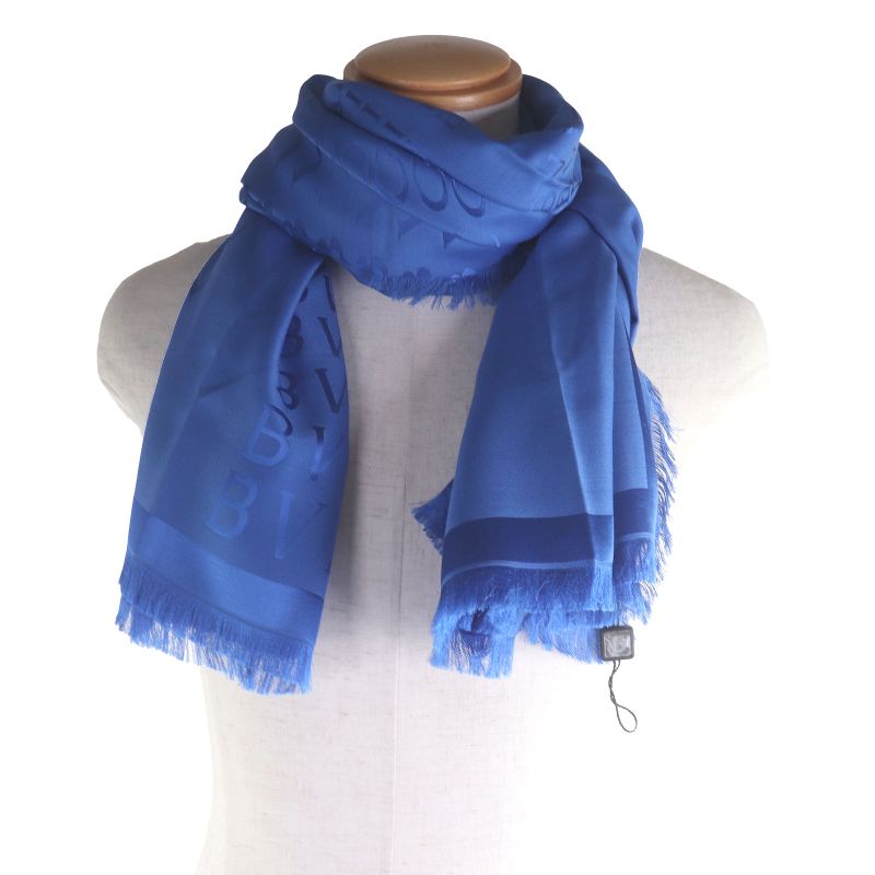 Bvlgari Silk Wool Logo All Over Fringe Large Shawl Scarf Navy With Box Made In