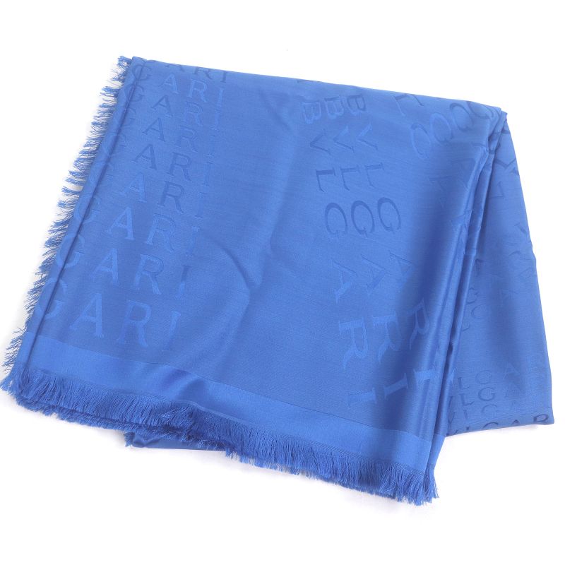 Bvlgari Silk Wool Logo All Over Fringe Large Shawl Scarf Navy With Box Made In