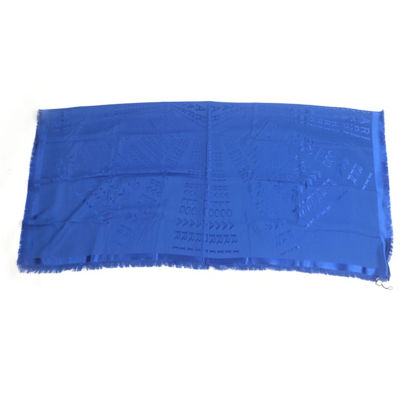 Bvlgari Silk Wool Logo All Over Fringe Large Shawl Scarf Navy With Box Made In