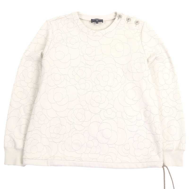 CHANEL P59465 Coco Mark Button Camellia Stitch Rare Size Sweatshirt Beige 46