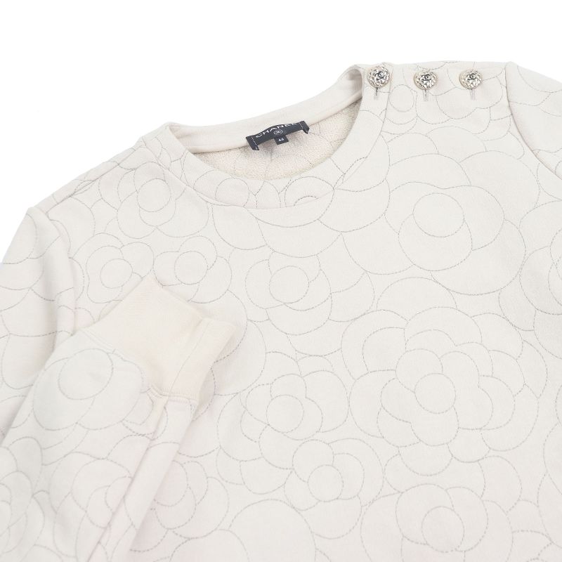 CHANEL P59465 Coco Mark Button Camellia Stitch Rare Size Sweatshirt Beige 46