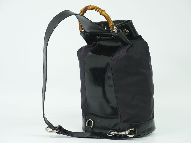 Authentic Gucci Bamboo Drawstring Shoulder Bag Body Bag Nylon Patent Leather