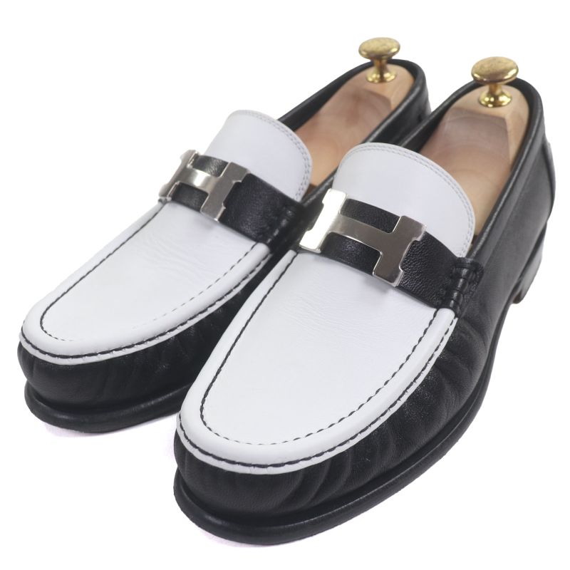 Hermes Chevre Calf Leather Carlo Constance Moccasin Loafers Black White 40