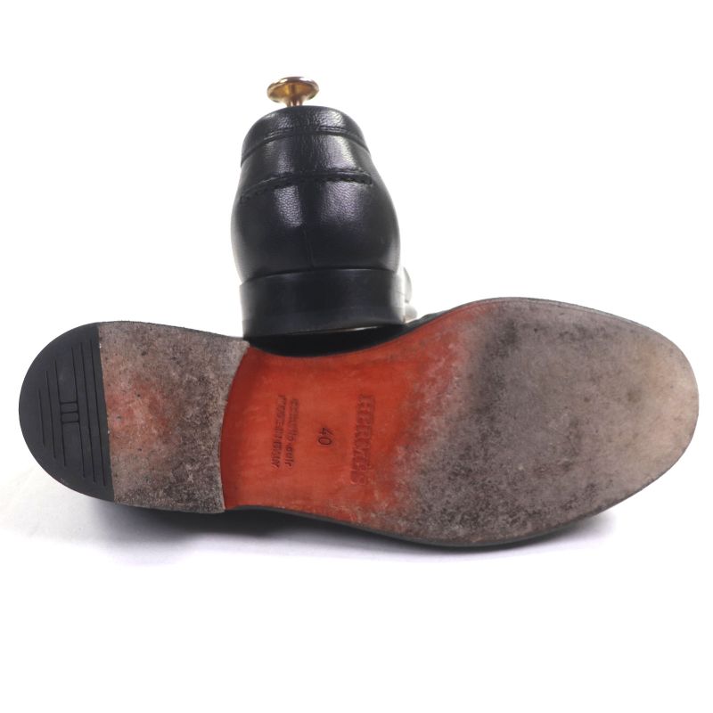 Hermes Chevre Calf Leather Carlo Constance Moccasin Loafers Black White 40