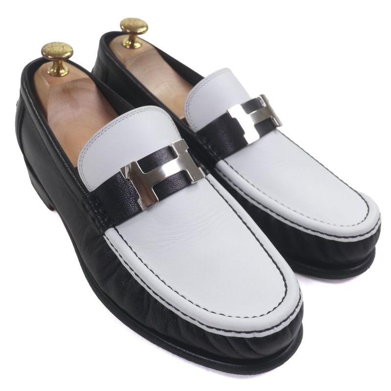 Hermes Chevre Calf Leather Carlo Constance Moccasin Loafers Black White 40