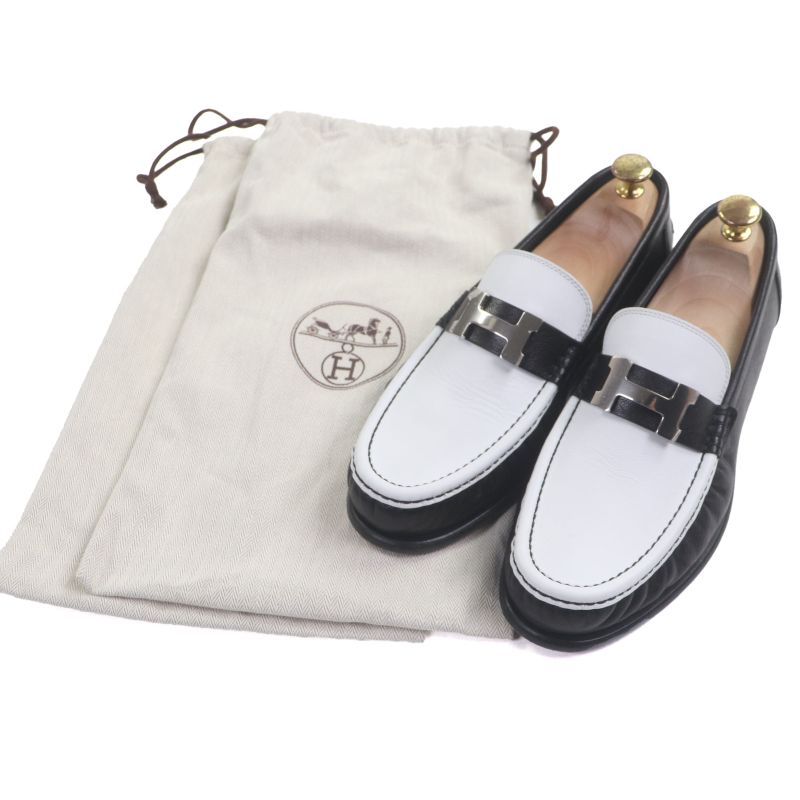 Hermes Chevre Calf Leather Carlo Constance Moccasin Loafers Black White 40