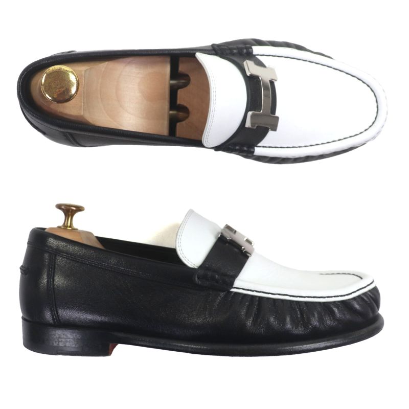 Hermes Chevre Calf Leather Carlo Constance Moccasin Loafers Black White 40