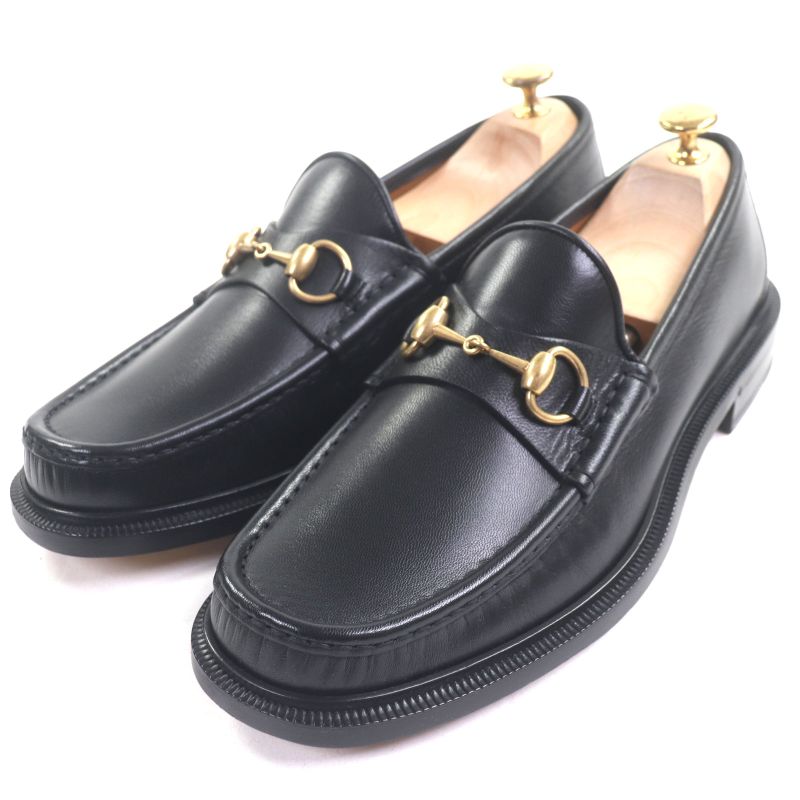  Gucci 723562 Leather Horsebit Moccasin Loafers Black Gold Hardware 8.5 With