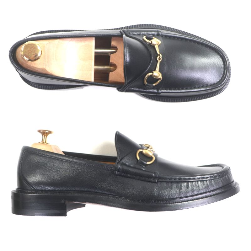  Gucci 723562 Leather Horsebit Moccasin Loafers Black Gold Hardware 8.5 With