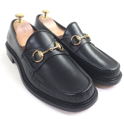  Gucci 723562 Leather Horsebit Moccasin Loafers Black Gold Hardware 8.5 With
