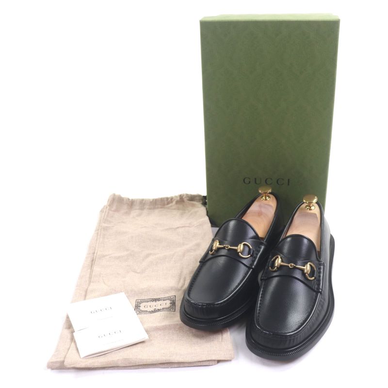 Gucci 723562 Leather Horsebit Moccasin Loafers Black Gold Hardware 8.5 With