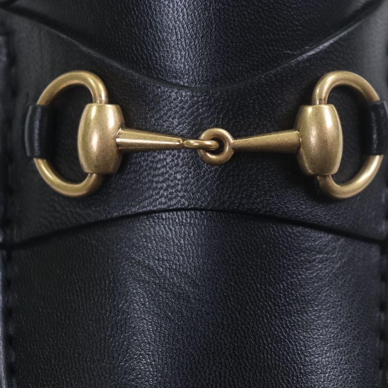  Gucci 723562 Leather Horsebit Moccasin Loafers Black Gold Hardware 8.5 With