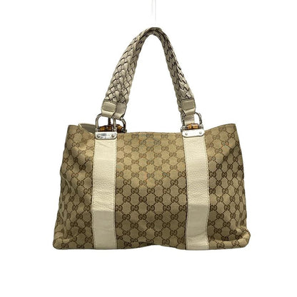 Gucci Tote Bag GG Patternbamboo 232947 Beige Dark Brown And Ivory Leather