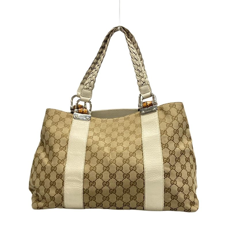 Gucci Tote Bag GG Patternbamboo 232947 Beige Dark Brown And Ivory Leather