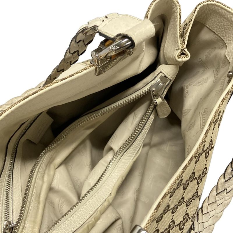 Gucci Tote Bag GG Patternbamboo 232947 Beige Dark Brown And Ivory Leather
