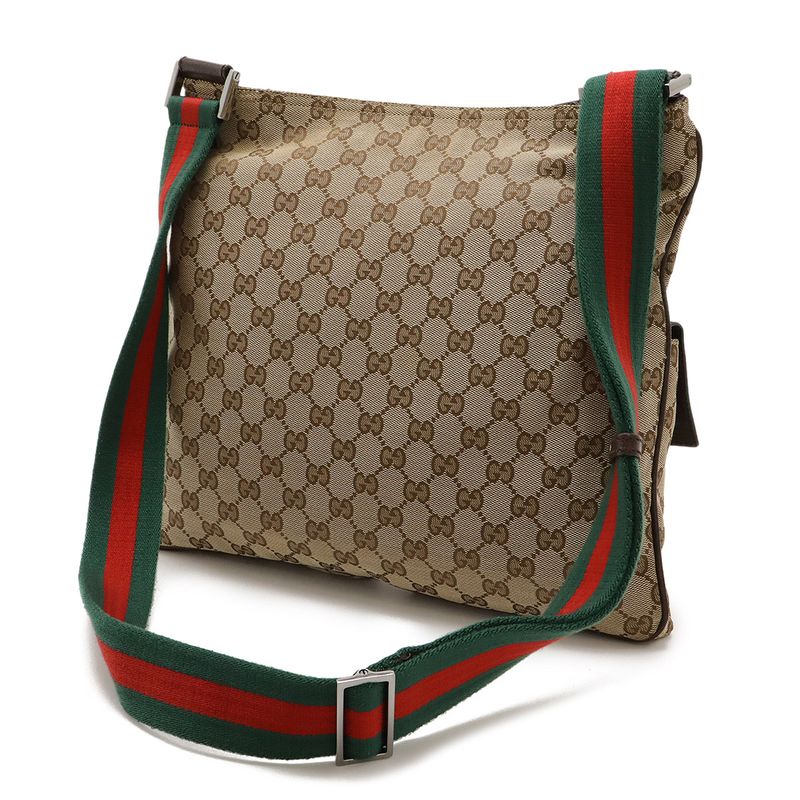 Gucci GG Canvas Sherry Line Shoulder Bag Crossbody Leather Khaki Beige Dark