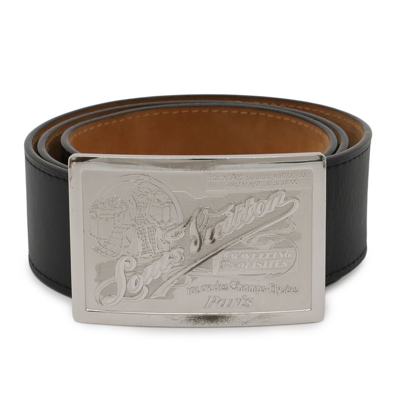 Louis Vuitton Santure Jeans Belt Leather Noir Black Silver Hardware Men's #90